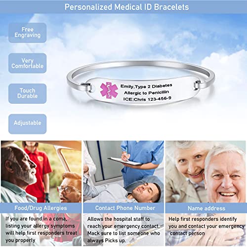Vnox Medical Alert Id Bracelet For Women Girls Free Engraving-Stainless Steel Medical Alert Id Bangle Bracelet,6",Purple #TOP27