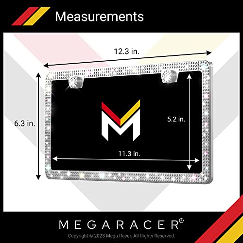 Mega Racer Crystal Diamond License Plate Frame - Premium 650 Pieces White Rhinestones Three Row, 2 Holes Stainless Steel Weatherproof, 1 Piece #TOP4