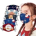 F_topbu 5pc Kids Christmas Reusable Face Bandanas Washable Breathable Face_Masks Santa Claus Snowman Reindeer Print Face Cotton Covering for Childrens