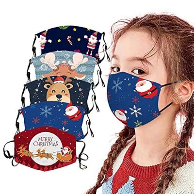F_topbu 5pc Kids Christmas Reusable Face Bandanas Washable Breathable Face_Masks Santa Claus Snowman Reindeer Print Face Cotton Covering for Childrens