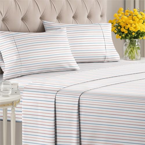 Image of Queen 4 Piece Striped Sheet Set - Breathable & Cooling - Red Blue Stripe | 1 Flat, 1 Fitted & 2 Pillowcases w / Deep Pockets, Luxury Striped Bedding, Soft, Breathable & Cooling, Wrinkle & Fade Free