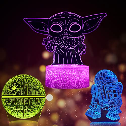 Luz nocturna 3D Illusion Star Wars para niños. Lámpara de noche LED Baby Yoda de 3 patrones, 7 colores, 16 cambios, grandes regalos de cumpleaños de Navidad para fanáticos de Star Wars, niños y niñas