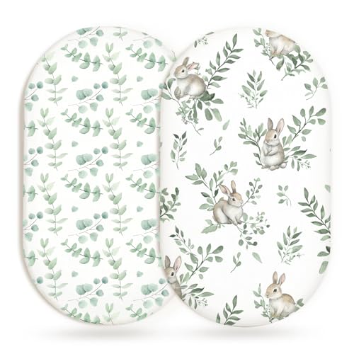 Image of Bassinet Sheets for Baby Girls Boys 2 Pack, Fitted Baby Mattress Sheet for Rectangle, Oval, Hourglass Bassinet Mattress, Breathable Cozy & Universal Fit (Bunny Meadow, Bassinet Sheet)