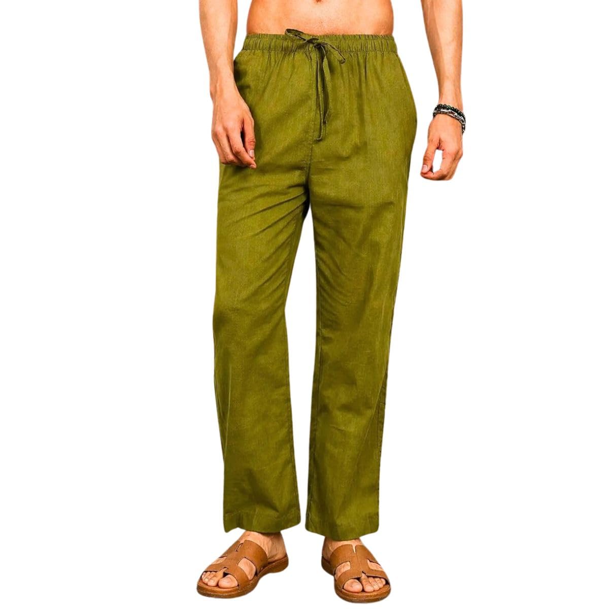 Men's Olive Green Cotton Linen Casual Pants | Lightweight Bottom Wear | Size L-picture-28