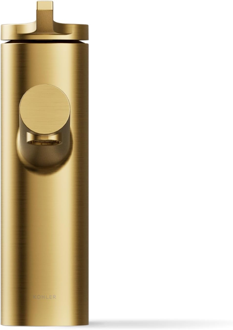 Close-up of the Kohler Elate faucet from the side, showing the sleek design and the Kohler logo.