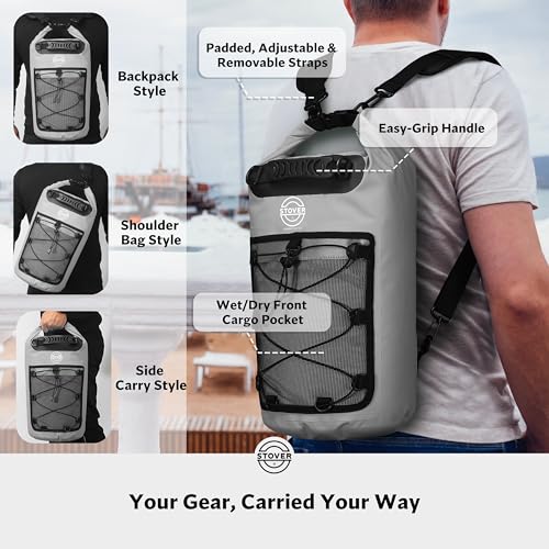 Image of STOVER 5 /10 /25 /30 /40L Waterproof Dry Backpack & Phone Case- Large Floating Dry Bag for Kayaking, Travel, Hiking, Fishing, Camping, Motorcycles & Beach, Heavy-Duty Roll Top Men /Women (Grey)