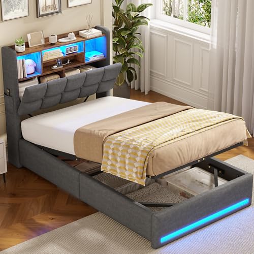 AOGLLATI Polsterbett 90×200cm Hydraulisches Stauraumbett mit LED-Bleuchtung Jugendbett mit Ladestation Einzelbett mit Stauraum Kopfteil, Leinenstoff, ohne Matratze(Dunkelgrau, 90x200cm)