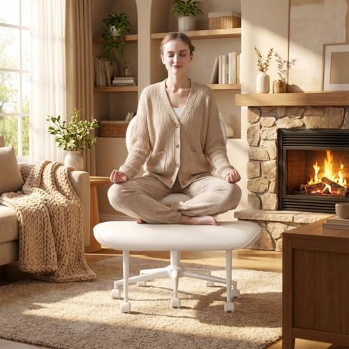 Image of Pinmoco Ergonomic Cross Legged Chair with Wheels - Adjustable Height Meditation & Yoga Chair for ADHD, Wide Criss Cross Design with Lumbar Support, PU Leather, White