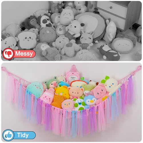 Image of FIOBEE Stuffed Animals Net LED Light Toy Hammock for Kids Bedroom Storage | Stuffed Animals Storage Organizer, Girls Room Decor, Teddy Bear Holder, Space Saving, for Kids Nursery Bedroom Playroom