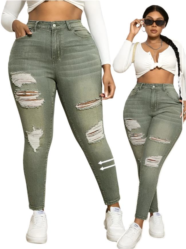 Plus Size High Waist Stretchy Distressed Skinny Denim Jeans – Ripped Design, Medium Stretch Fabric, Multiple Colors