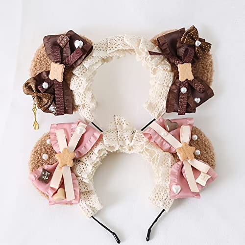 Gk-O Lolita Bear Ear Headband Bowknot Hair Kawaii Lolita Prop Headwear Cute Hairpin Female Headdress Hair Accessories Handmade (Pink) #TOP4