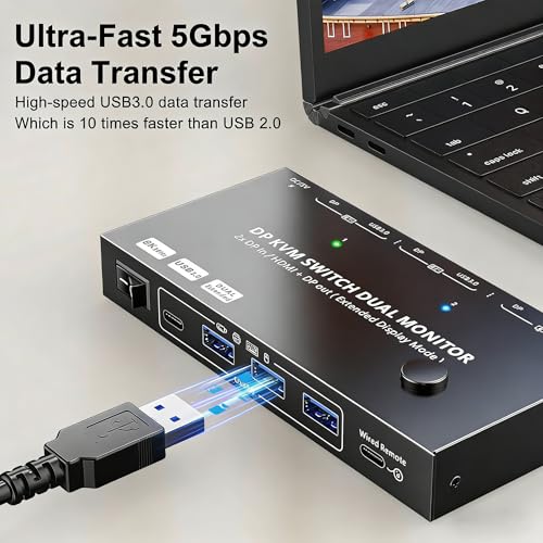 Image of MST Displayport Splitter KVM Switch Dual Monitor 2 Monitors 2 Computers | 2 Port DisPlayport 2 In 2 Out 1 DP IN 2 Screens OUT Max Single 8K@30Hz /Dual 4K@100Hz USB 3.0 with Wired Remote Controller