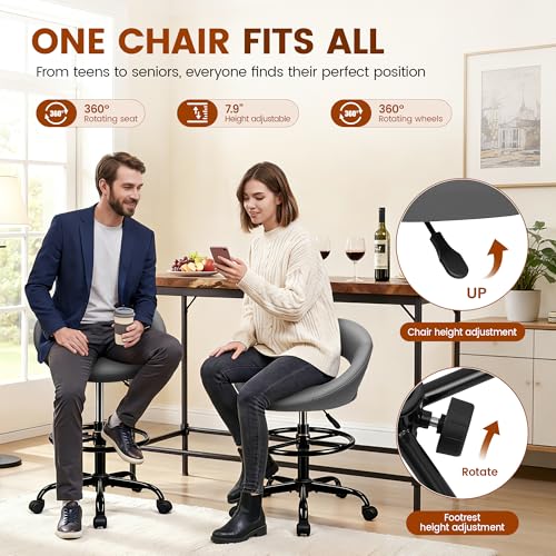 Image of Drafting Chair for Standing Desk - Height Adjustable Rolling Stool with Backrest & Footrest, Tall 360 Swivel PU Leather Chair with Wheels for Office Kitchen Salon, Gray