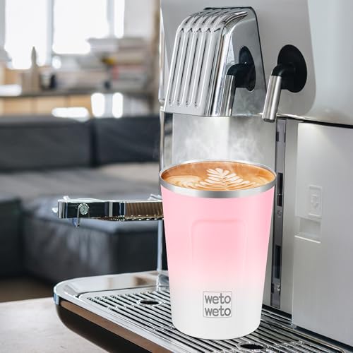 Image of WETOWETO 12 oz Stainless Steel Insulated Tumbler, Travel Coffee Mug, Insulated Coffee Mug with Lid, Spill Proof Coffee Cup, Portable Thermal Mug, Reusable Cup for Hot and Cold (Pink-White)
