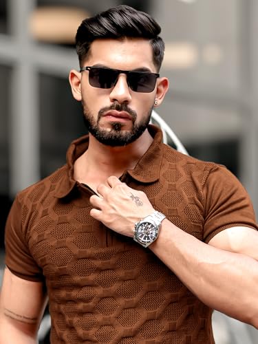 Image of Maniac || Mens || Solid Textured || Half Zip || Polo Neck || Half Sleeve || Cotton || T-Shirt