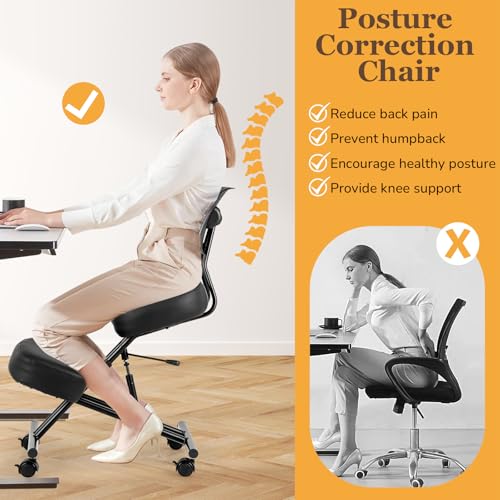 Miniatura 5 de Giantex Silla Ergonómica De Rodillas Con Respaldo, 4 Ruedas Bloqueables Y Apoyo Para Rodillas, Silla De Trabajo Con Asiento Ajustable Para Corregir La Postura, Carga Hasta 110 Kg