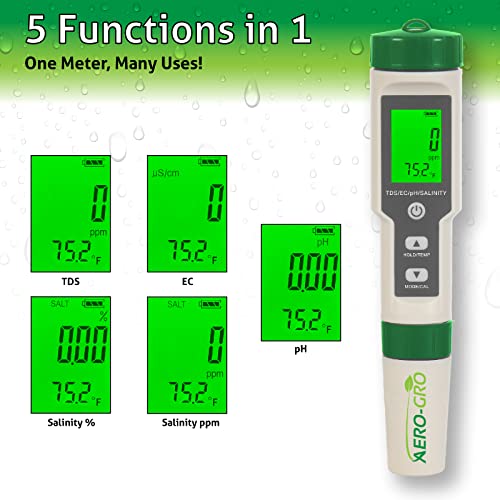 Aero-Gro 5-In-1 Tds/Ph Meter - Ip67 Waterproof, 5 Functions: Ph, Tds, Ec, Salinity, Temperature, 0.01 Resolution, High-Accuracy Pen-Type Tester For Hydroponics, Water, Wine, Spas, Aquariums, White #TOP2