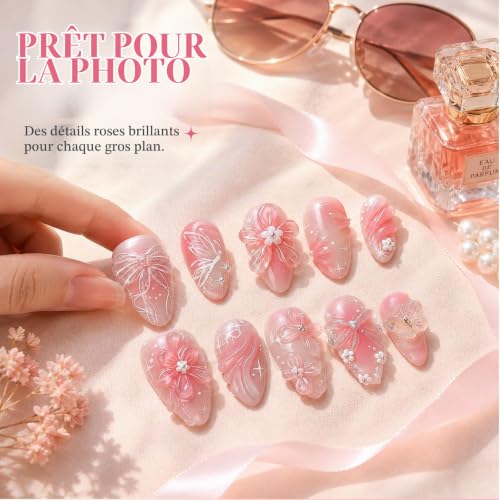 Tastetreasure Lot de 30 ongles artificiels 3D faits à la main, amande rose, avec nœud, perles, strass, dégradé de couleur, pour femme, avec colle et lime – vue 6