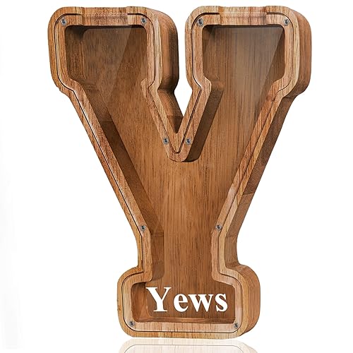 Customized Name Large Wooden Piggy Bank for Kids Boys Girls Alphabets Letter A-Z Coins Bills Money Change Bank Box Initial on Clear Cover (Laser Engraved Name) Personalized-12,Alphabet-Y