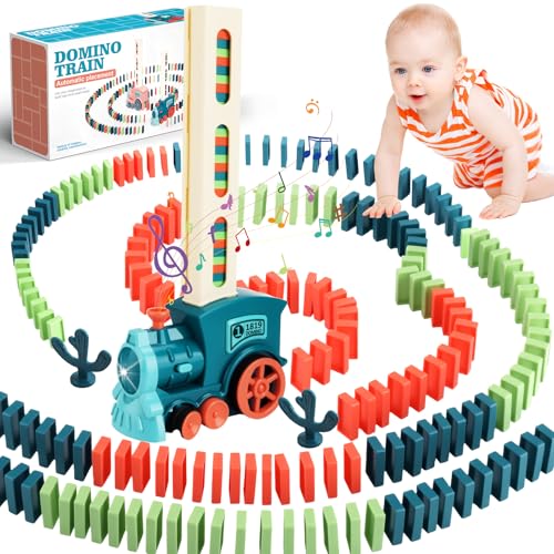 UCAMP Ensemble de Automatique Jouets de Train Electrique Domino, 200 Pièces de Domino Blocks, avec Lumières et Musique, pour Filles et Garçons 3 4 5 6 7 8 Ans, Enfants de Cadeau Noël/d'anniversaire