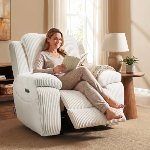 Image of EONIX Real Zero Clearance Wall Hugger Power Recliner Chair with Adjustable Headrest for Small Spaces, RV, Living Room, Bedroom, 24.4'' Seat Width, 400lbs Heavy Duty, SXXY017992, Corduroy, Cream White