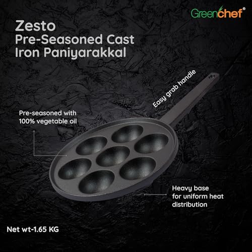 Image of GREENCHEF Pre-Seasoned Cast Iron Zesto Paniyarkkal 7 Pits | Pre-Seasoned with 100% Vegetable Oil | Naturally Nonstick | High Pressure Casting | High Strength | Bring Back Nostalgic Taste | Toxin-Free