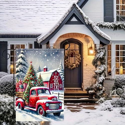 Image of BlissYard Christmas Garden Flag 12x18 Inches - Double-Sided Red Vintage Truck with Christmas Tree and Barn Design, Weatherproof Holiday Outdoor Decoration for Lawn, Garden, and Pathways