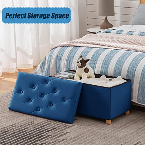 Brian & Dany Foldable Storage Ottoman, Flannelette Footrest Stoolseat Cube With Wooden Feet And Lid, 30"X 15"X 15", Blue #TOP5