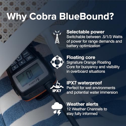 Cobra BlueBound 150 VHF Handheld Marine Radio - Black - 3-Watt, Floating, Long Range, NOAA Weather Alerts, International Functionality, IPX7 Waterproof, USB-C, Submersible, LCD Screen, Belt Clip