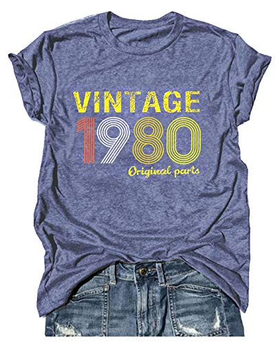 40th Birthday Gift T Shirts 1980 Original Parts Vintage Tees Funny 39th Birthday Greeting Party Women Cute Summer Tops (L, I-Dusty Blue)