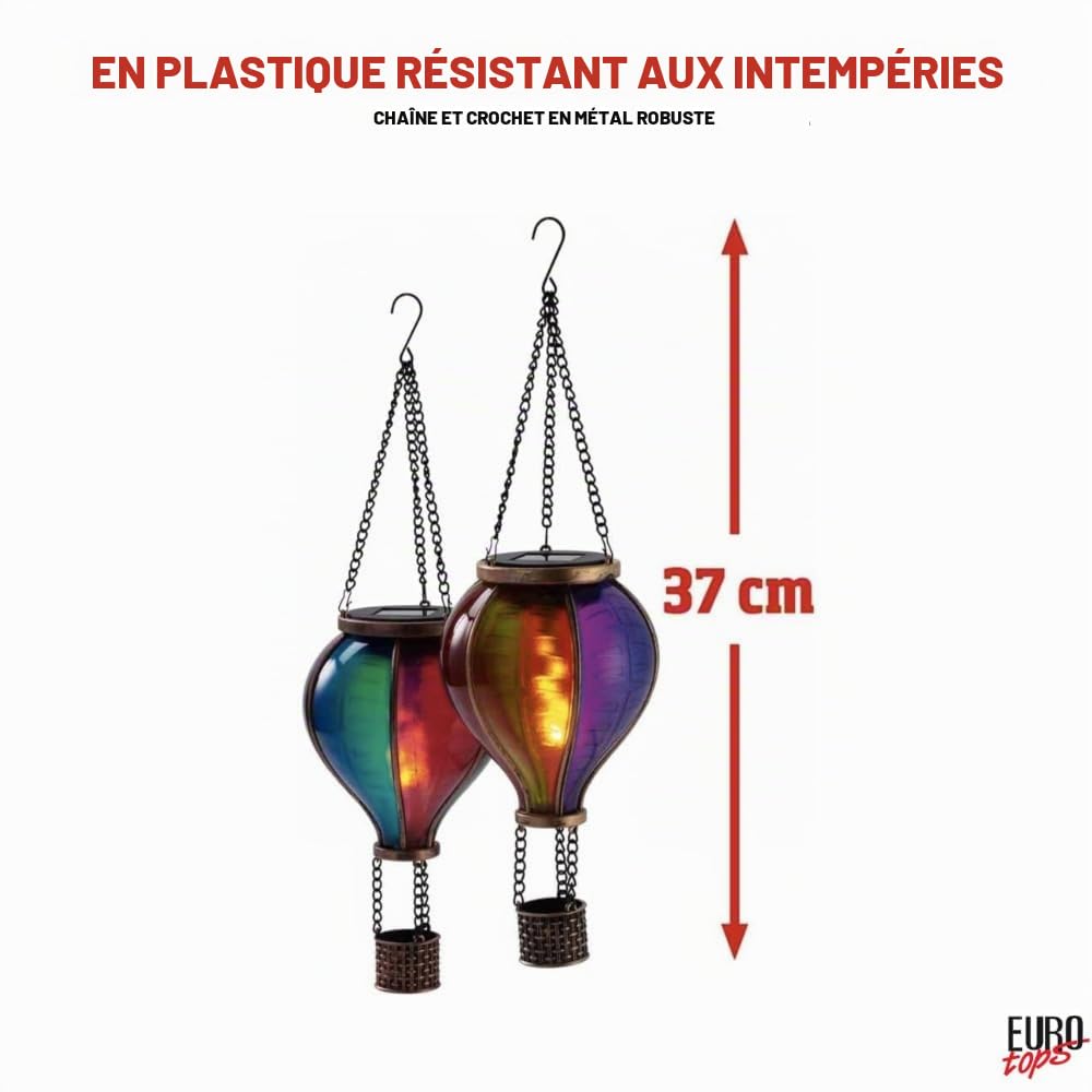 EUROtops Montgolfière solaire - Couleurs vives, 12 / 20 / 40 LED vacillantes, plastique résistant aux intempéries, décoration extérieure / éclairage LED à suspendre pour jardin et balcon (Duo (lot de
