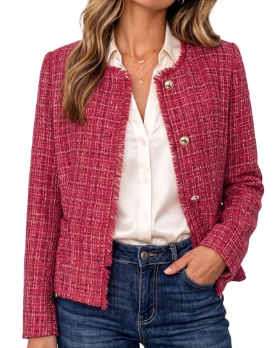 GRAPENT Fall Jacket Casual Blazers for Women Textured Tweed Red