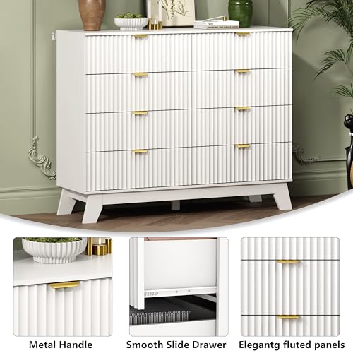 Image of Wodeer 8 Drawer Fluted Dresser for Bedroom, Mid Century Modern Dresser with 8 Drawers, Dressers & Chests of Drawers with Metal Handle, TV Stand & Storage Organizer for Entryway, Hallway, White