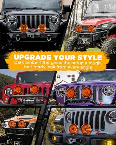 Image of Auxbeam 7 Inch Deep Amber Light Covers for 360-PRO /RAY-L Series, 2300K Dark Amber Tint Round Off-Road Light Lens Cap, Light Bar Covers for Fog Rain Dust Snow, 2 Packs