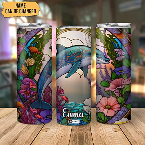 Hyturtle Personalized Dolphin Skinny Tumbler - Birthday Mother's Day Gifts For Dolphin Lover - Floral Dolphin Gifts For Women - Animal Lover Gifts - Custom Name 20Oz Insulated Stainless Steel Tumbler #TOP1