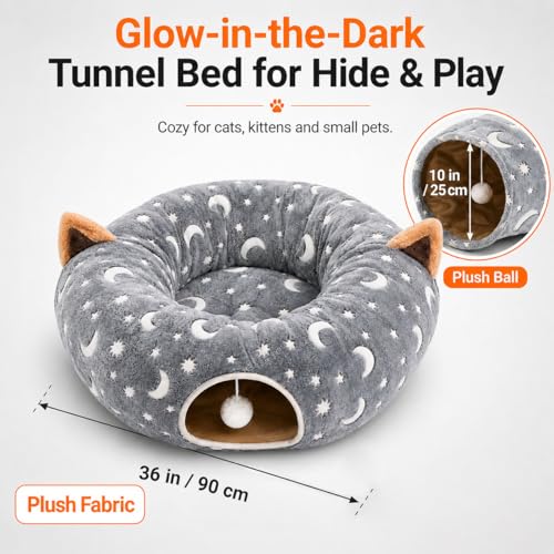 Image of Cat Tunnel Bed Under Christmas Tree with Plush Ball Toy Playground Crinkle Collapsible Self-Luminous Flannel Fabric 3FT for Large Cats Kittens Kitty Small Animals Puppy Grey Moon Star