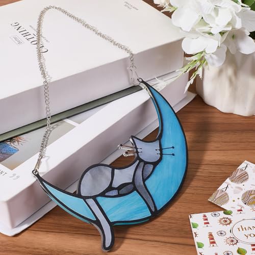 CREATCABIN Cat Moon Ornament Suncatcher Ornaments Acrylic Plastic 6.5" x 4.13" Blue Sleeping Cat on Moon Memorial Handcrafted Sun Catcher Hanging Ornament for Halloween Window Christmas Tree Party - Image 3