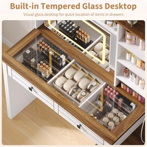 Vanity Mirror with Lights, Makeup Vanity Desk with 5 Drawers, 6 Open Storage Shelves, Large Extendable Dressing Table with Charging Station, Glass Top, Antique White