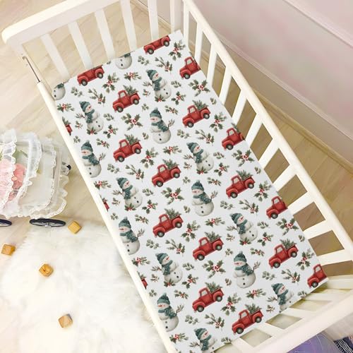 Image of Baby Crib Sheet Cute Christmas Snowman Red Truck Holly Crib Mattress for Boys and Girls Playard Sheet Soft Breathable Fitted Baby Mattress Cover 52x28in