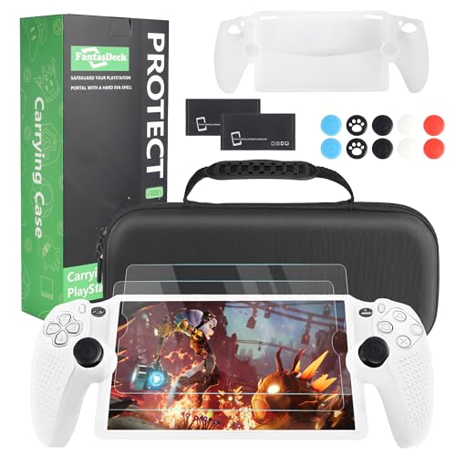 Carrying Case for Playstation Portal Remote Player, Hard Shell Storage Bag with Soft Silicone Portective Cover, Screen Portector, Thumb Grip Caps 14 IN 1 – White