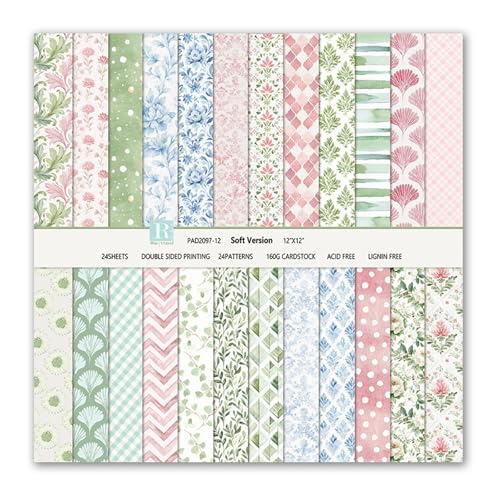 Scrapbook Papier Blumen Muster Scrapbook Bastelpapier, 24 Blat Doppelseitiges Boho Dekorpapier, MerwDeeyt Buntes Motivpapier für Journal Scrapbooking Fotoalbum Dekoration (Rosa, 30,5x30,5 cm)
