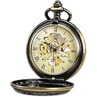 TREEWETO Reloj de bolsillo con cadena para hombre, analógico, cuerda manual, esqueleto antiguo, números romanos, bronce, 1. Bronze072