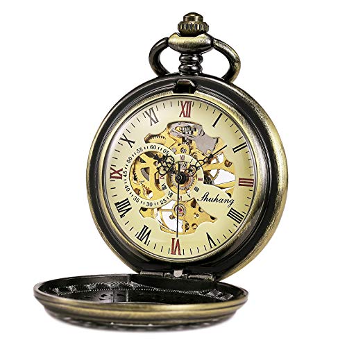 Reloj de bolsillo mecánico para hombre con cadena de bronce y esfera esqueleto vintage