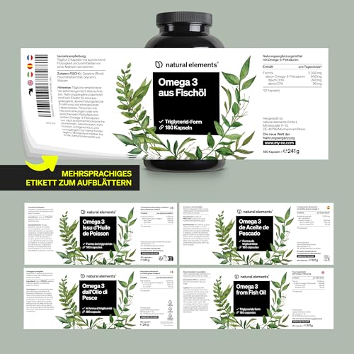 natural elements Omega 3 – 180 Kapseln – 2000mg Fischöl pro Tagesdosis – Triglycerid-Form mit EPA und DHA – Laborgeprüft, aufwendig aufgereinigt und aus Anchovis aus Peru