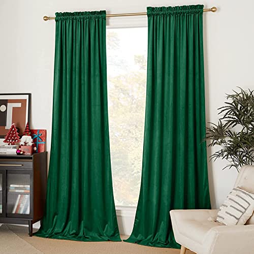 Image of Green Velvet Curtains 84 inches Long - Luxury Green Curtains, Light Blocking Rod Pocket Drapes for Living Room and Bedroom, Set of 2, 52 inch x 84 inch, Emerald Green