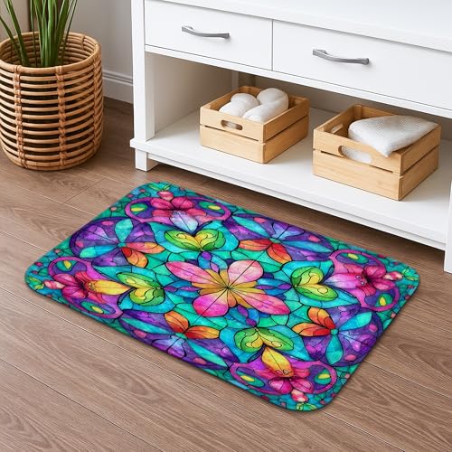 Stained Glass Floral Quick Dry Bath Mat, Colorful Leaf Patte