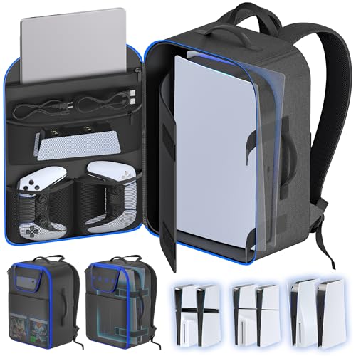 Mochila de Transporte para Consola PS5/Slim/Pro, Bolsa de Almacenamiento para PS5 de Gran Capacidad para Portátil de 16'', Funda para PS5 Accesorio para Mando P5, Auriculares y Discos