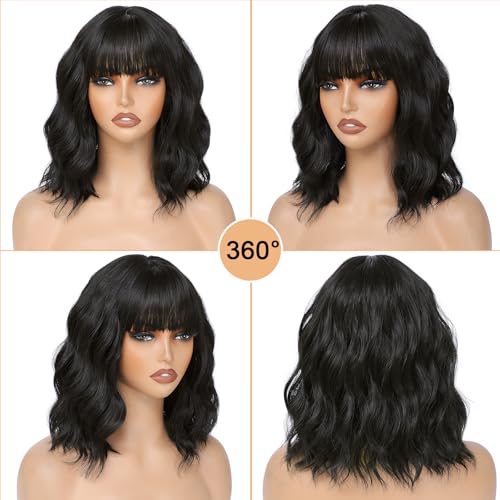 Image of AGO Natural Black Wigs with Bangs Short Bob Wig Shoulder Length Synthetic Hair for Women Girl Loose Wavy Wig Heat Resistant Fiber Hair for Daily Party Halloween Cosplay Use(2 /4#Black)
