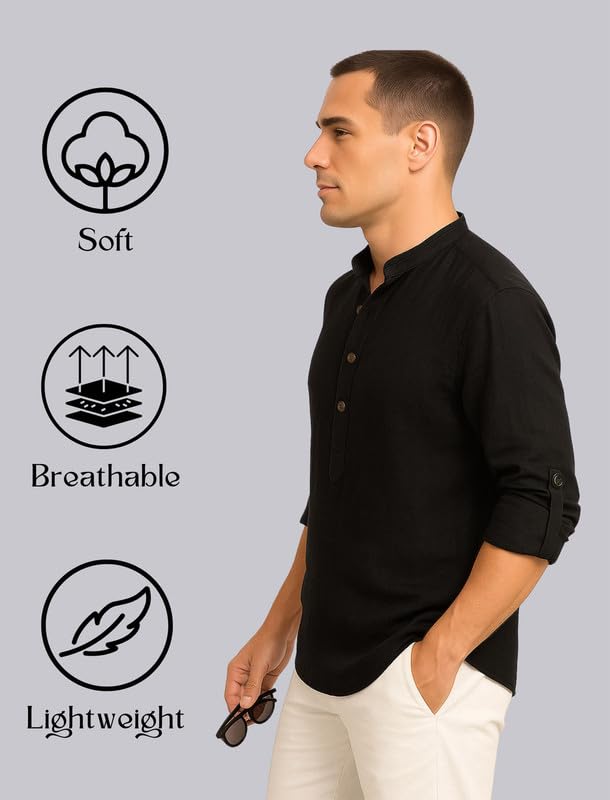 Image of DEEMOON Men's Cotton Blend Solid Regular Fit Full Sleeve Short Kurta | Men's Trendy Short Kurta