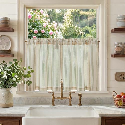 jinchan Striped Linen Kitchen Curtains 24 Inch Cafe Tier Curtains Balanced Stripe Farmhouse Small Drapes for Bathroom Laundry Over Sink Half Window Light Filtering 2 Panels Sage Green on Lin
